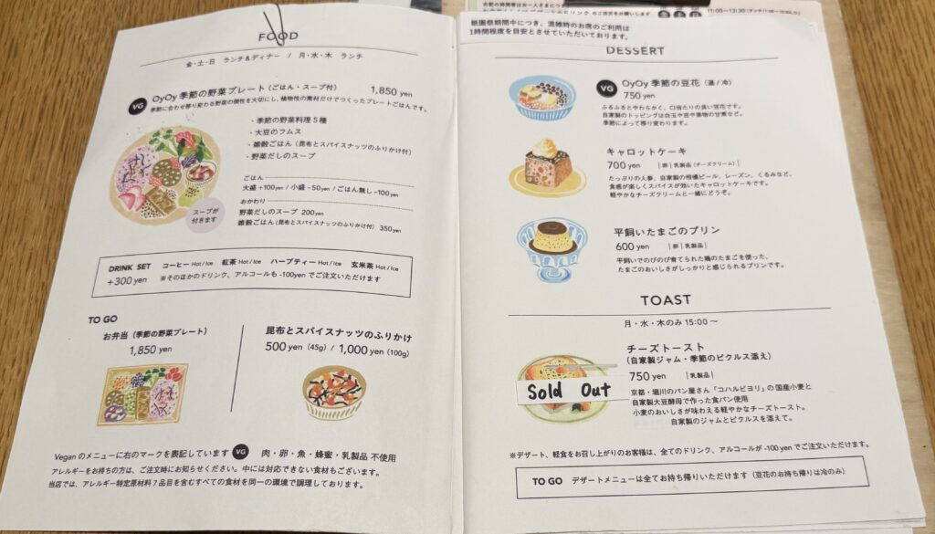 季節の野菜プレートやデザートが載った取材時のメニュー