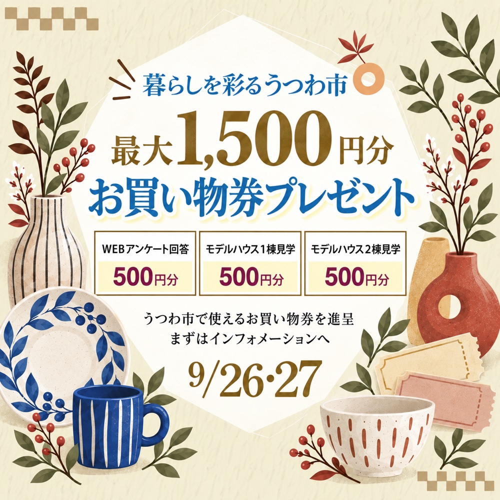 最大1,500円分お買い物券プレゼント WEBアンケート回答・モデルハウス見学